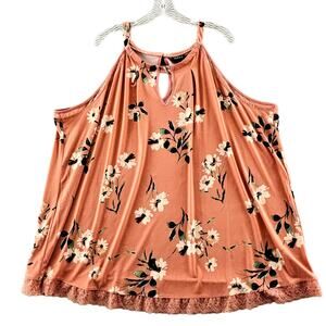 Womens 4X Torrid Floral Peach‎ Studio Knit High Neck Keyhole Top New Defects
